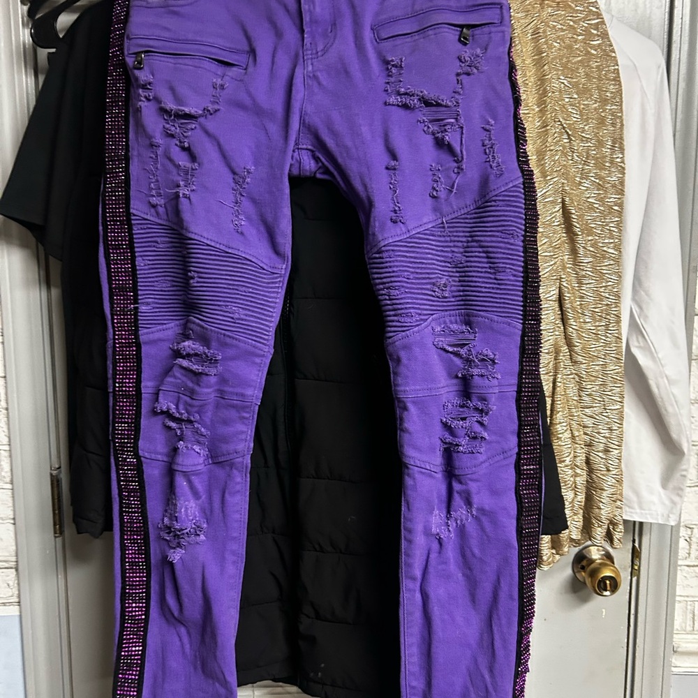 Purple Distressed Jeans with Rhinestone Trim
